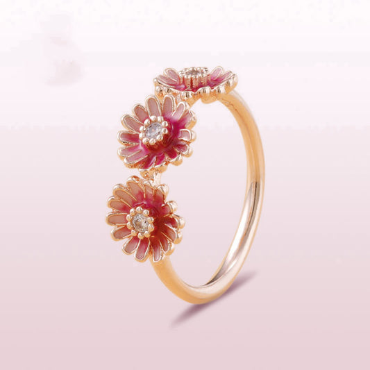 Three pink daisy ring in Sterling Silver