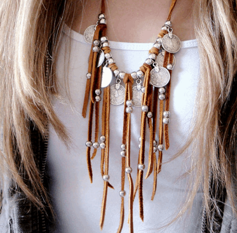 Bohemian Leather and tassel coin Tribal Necklace