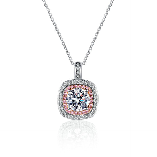 Affordable Pink Rose Square Micro Inlaid Bezel Moissanite Women's Silver Necklace