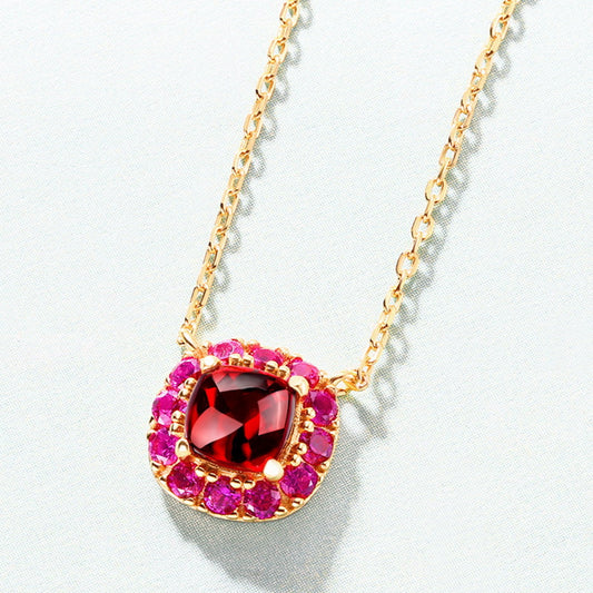 Silver Plated 9K Yellow Gold Garnet Clavicle Pendant Necklace for Woman