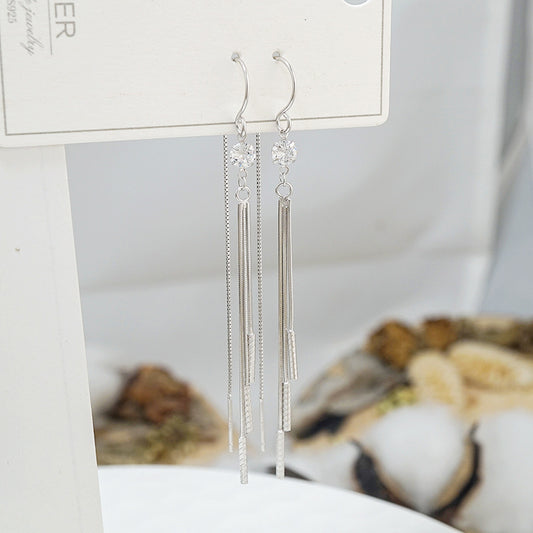 Elegant S925 Serling Silver Long Face Slim Tassel Earrings Set with Zircon