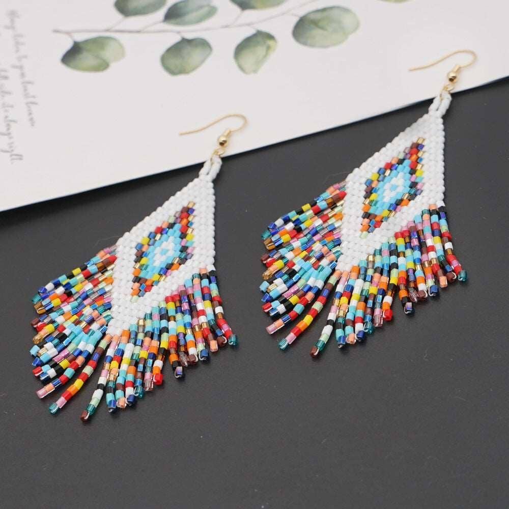 Colorful Ethnic Beaded Hand-woven Geometric Tassel Earrings