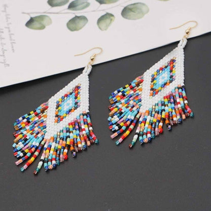 Colorful Ethnic Beaded Hand-woven Geometric Tassel Earrings