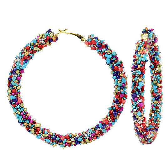 multi color rough stone hoop earrings