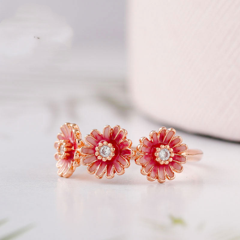 Three pink daisy ring in Sterling Silver