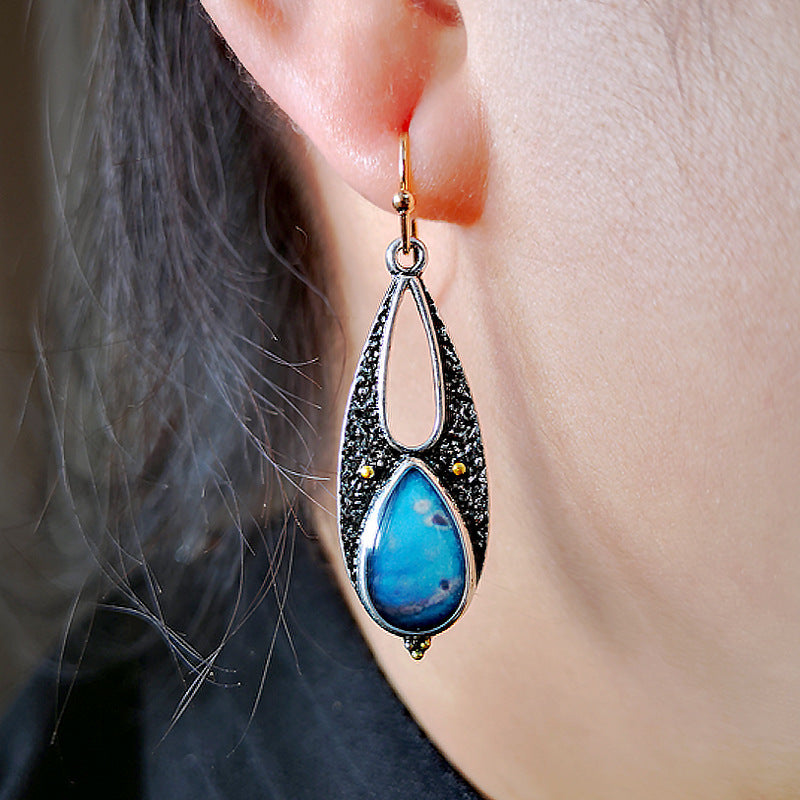 Bohemian Vintage Tear Drop Blue Resin Long Pendant Earrings for Women