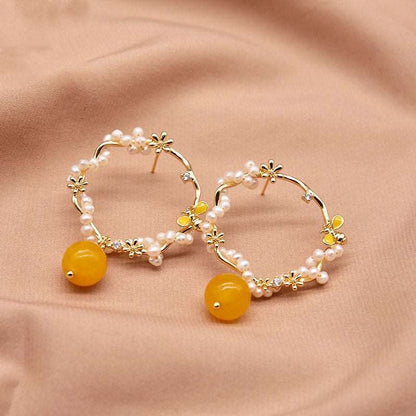 Simple And Versatile Topaz  Natural Pearl Earrings