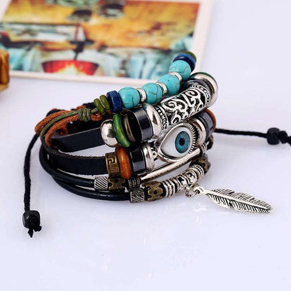 Retro Bohemian Stylish Layered Blue Evil Eye Leather Bracelet