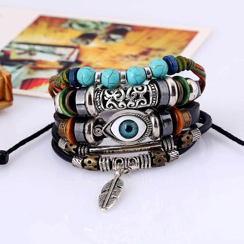 Retro Bohemian Stylish Layered Blue Evil Eye Leather Bracelet