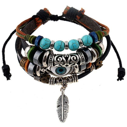 Retro Bohemian Stylish Layered Blue Evil Eye Leather Bracelet