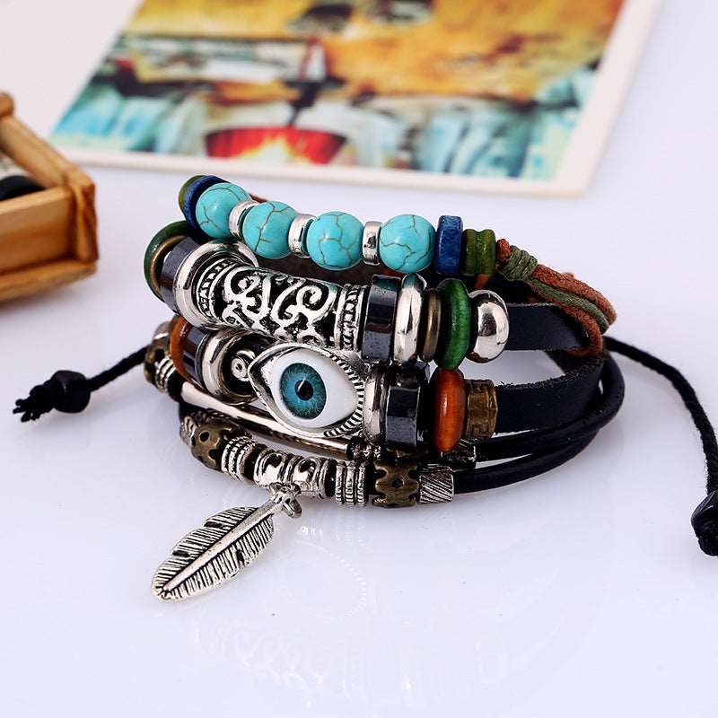 Retro Bohemian Stylish Layered Blue Evil Eye Leather Bracelet