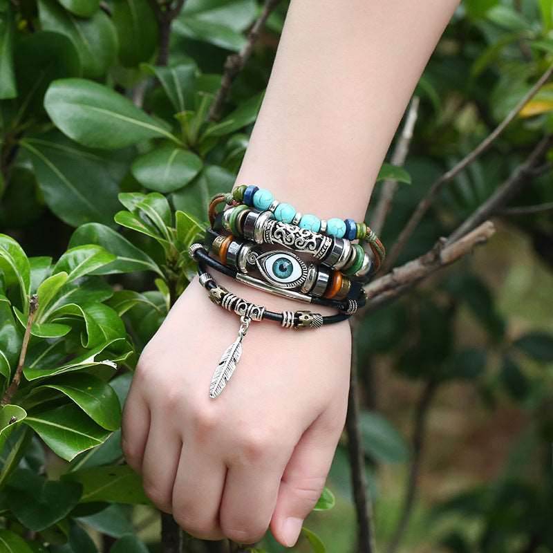 Retro Bohemian Stylish Layered Blue Evil Eye Leather Bracelet