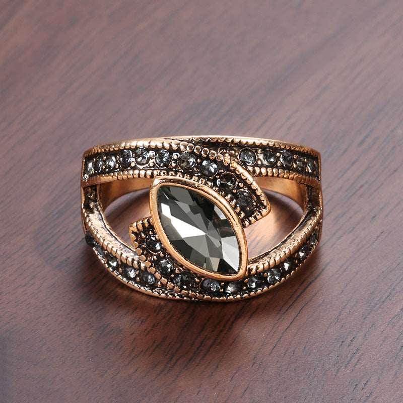 Bohemian Antique Gold Color alloy Ring with Zircon Stone inlay