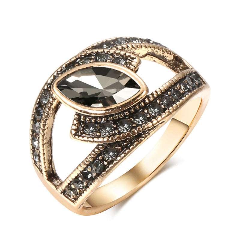 Bohemian Antique Gold Color alloy Ring with Zircon Stone inlay