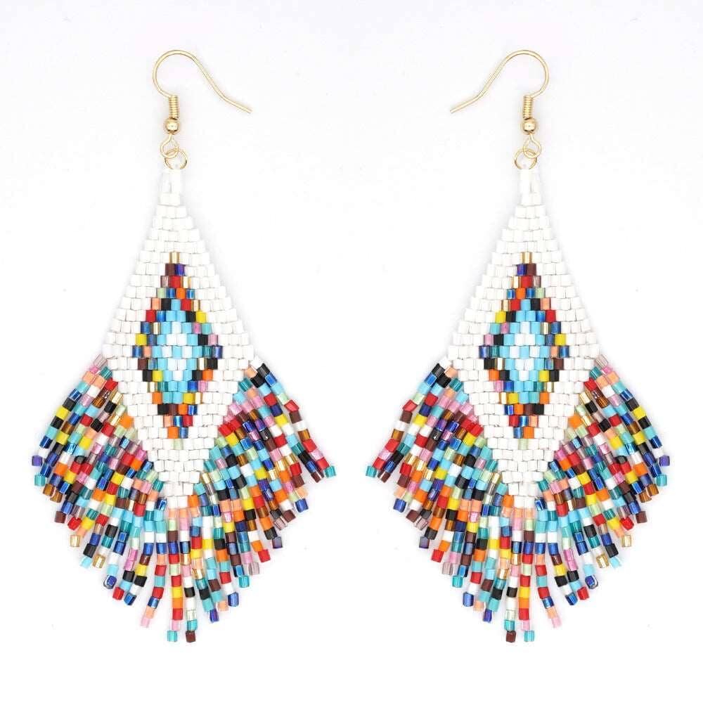 Colorful Ethnic Beaded Hand-woven Geometric Tassel Earrings