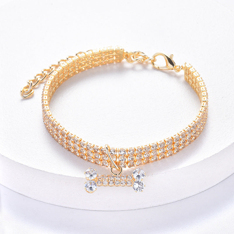 Three Row Rhinestone and Zircon Bone Pendant Pet Collar