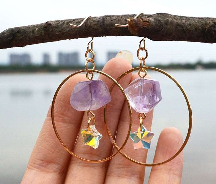 Natural Crystal Earrings Amethyst  Crystal Turquoise Hexagonal Pillar Earrings