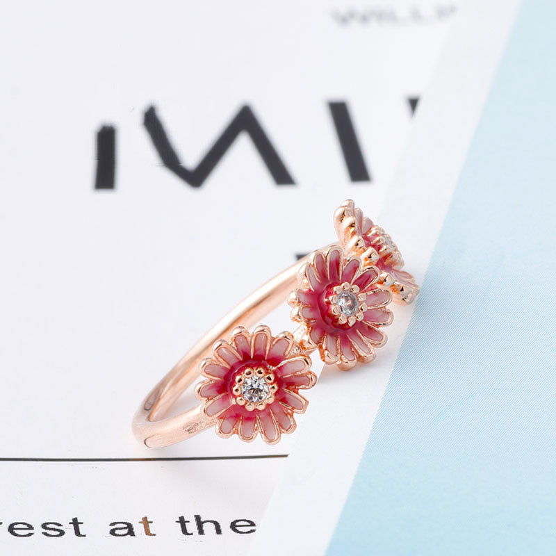 Three pink daisy ring in Sterling Silver