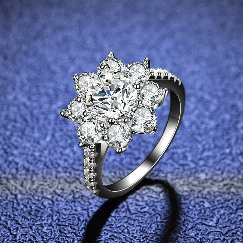 Elegant 1 or 2 Carat Moissanite Sunflower Flower Ring in Sterling Silver