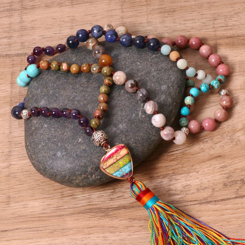 Women's Bohemian Colorful Stone Pendant Tassel Necklace