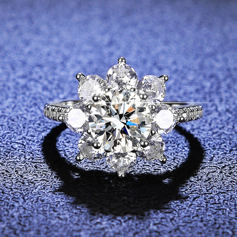 Elegant 1 or 2 Carat Moissanite Sunflower Flower Ring in Sterling Silver