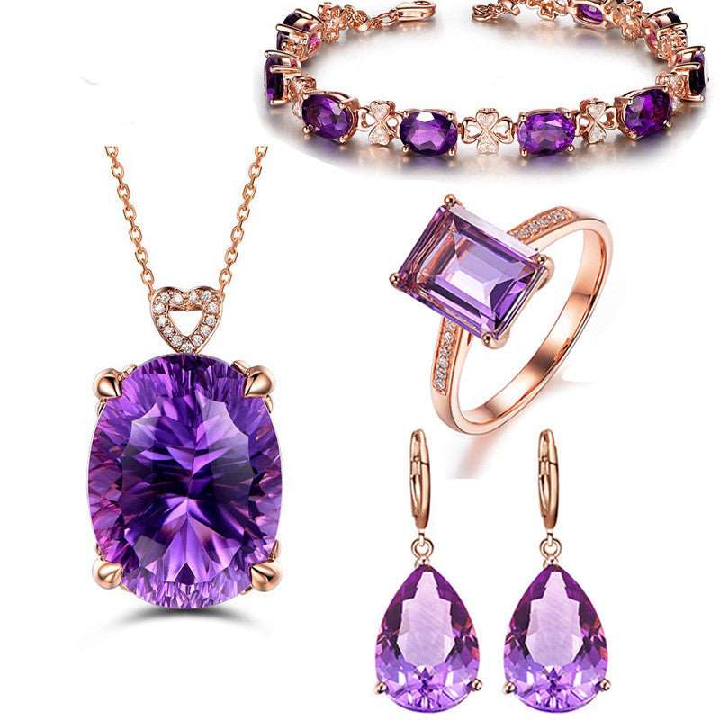 Royal Purple Four Piece Amethyst Jewelry Set with Ring, Bracelet, Earring, and Necklace