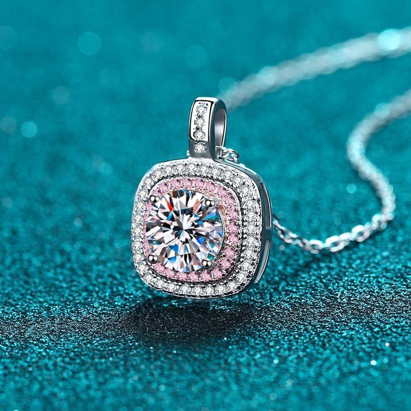 Affordable Pink Rose Square Micro Inlaid Bezel Moissanite Women's Silver Necklace