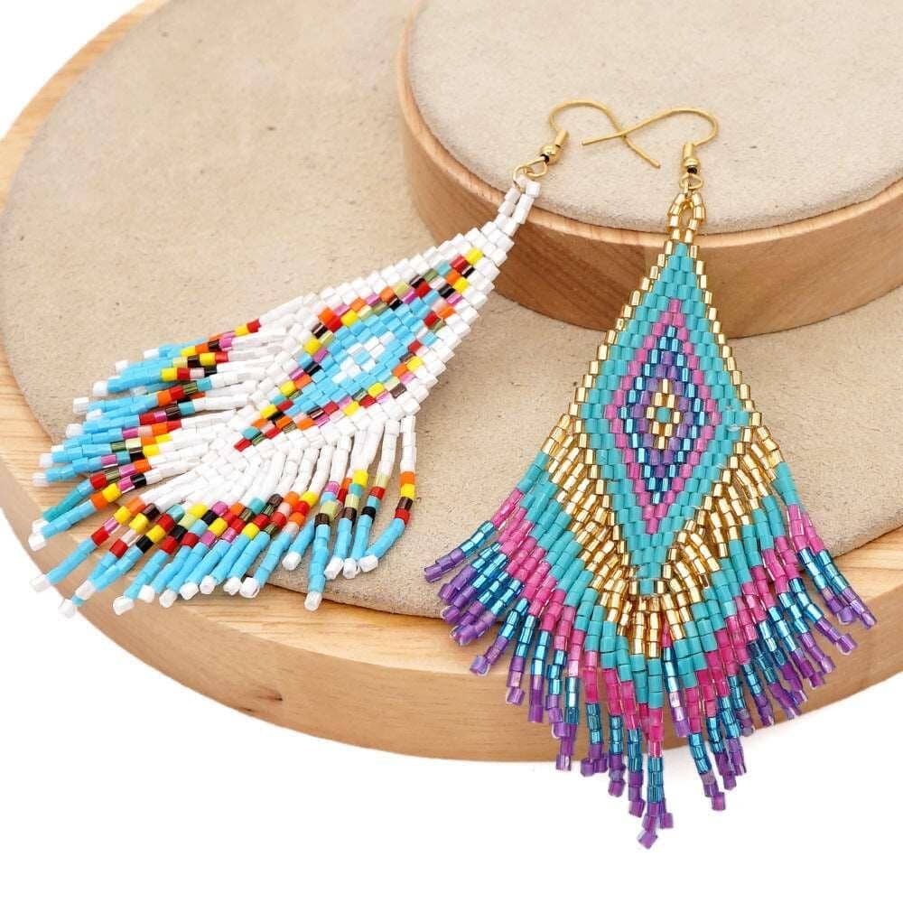 Colorful Ethnic Beaded Hand-woven Geometric Tassel Earrings