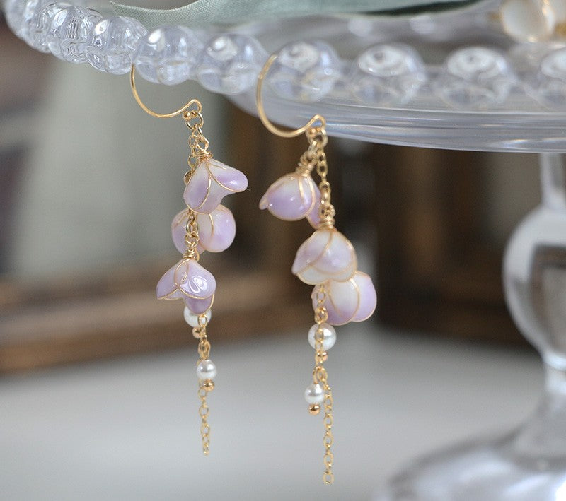 Handmade Flower Bell Orchid Petal Flower Long Tassel Earrings