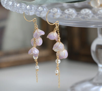 Handmade Flower Bell Orchid Petal Flower Long Tassel Earrings