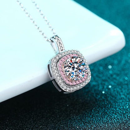 Affordable Pink Rose Square Micro Inlaid Bezel Moissanite Women's Silver Necklace