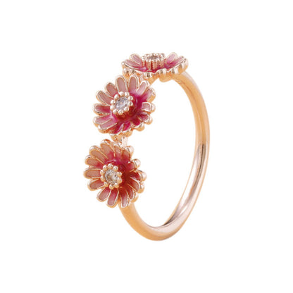 Three pink daisy ring in Sterling Silver