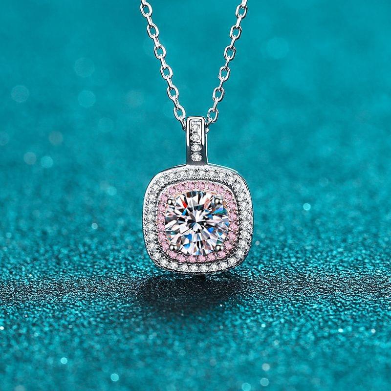 Affordable Pink Rose Square Micro Inlaid Bezel Moissanite Women's Silver Necklace