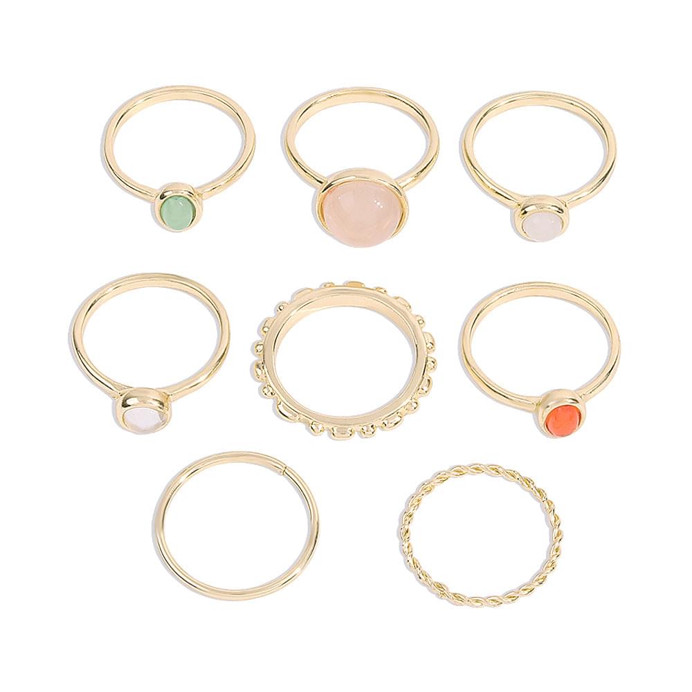 Bohemian Colorful Stone Metallic  Rings Set 0f 8 Rings