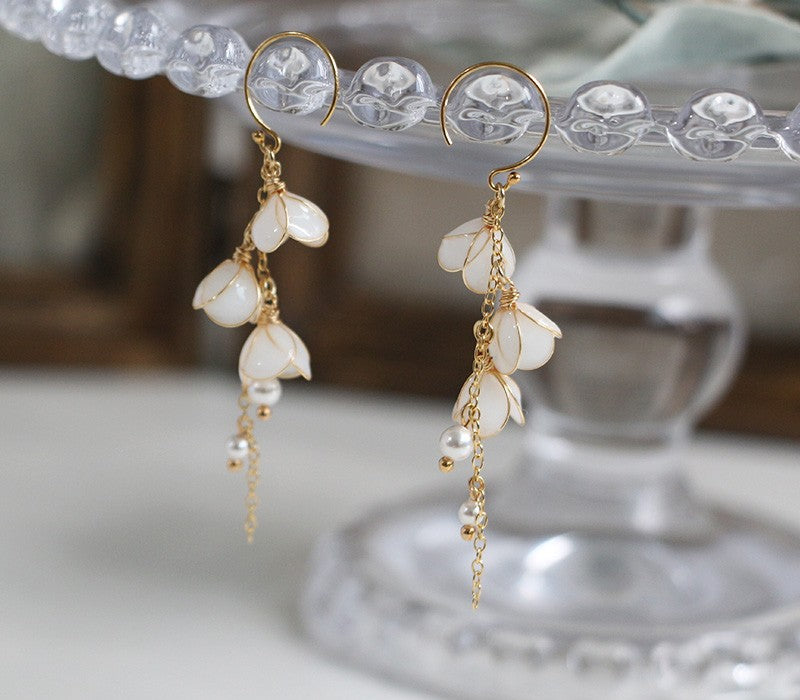 Handmade Flower Bell Orchid Petal Flower Long Tassel Earrings