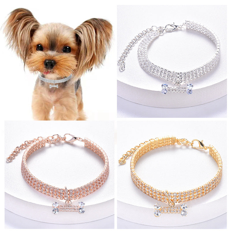 Three Row Rhinestone and Zircon Bone Pendant Pet Collar