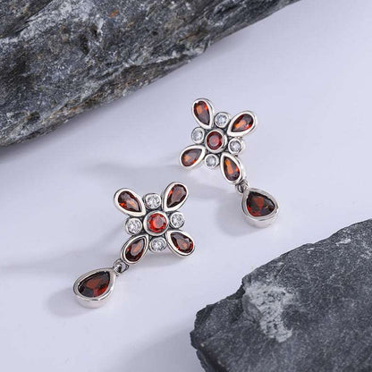 Red Nepalese Garnet Four Leaf Clover Earrings Set in Sterling Silver