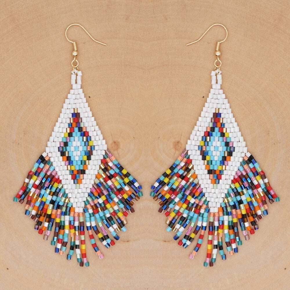Colorful Ethnic Beaded Hand-woven Geometric Tassel Earrings