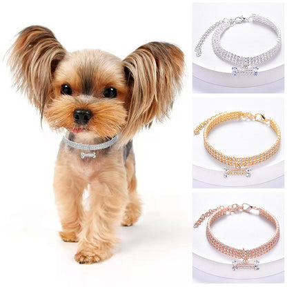 Three Row Rhinestone and Zircon Bone Pendant Pet Collar