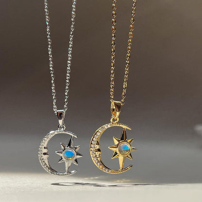 Moon Star Zircon Stainless Steel Pendant Necklace