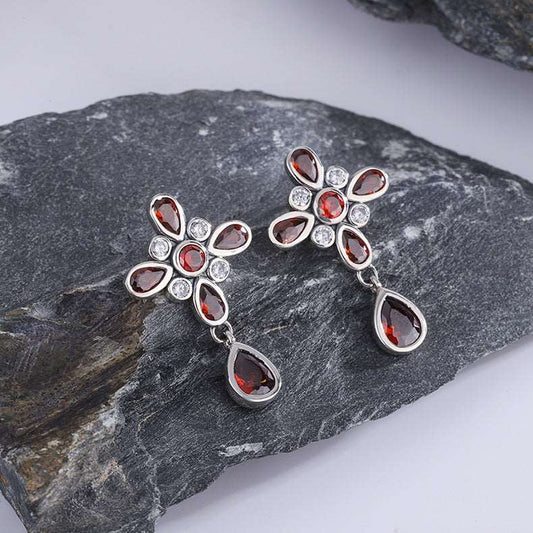 Red Nepalese Garnet Four Leaf Clover Earrings Set in Sterling Silver