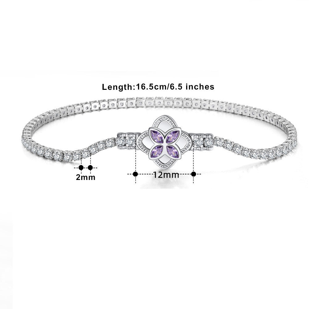 Four-Leaf Clover Tennis Bracelet with 2mm zirconium Gemstones in Various Colors