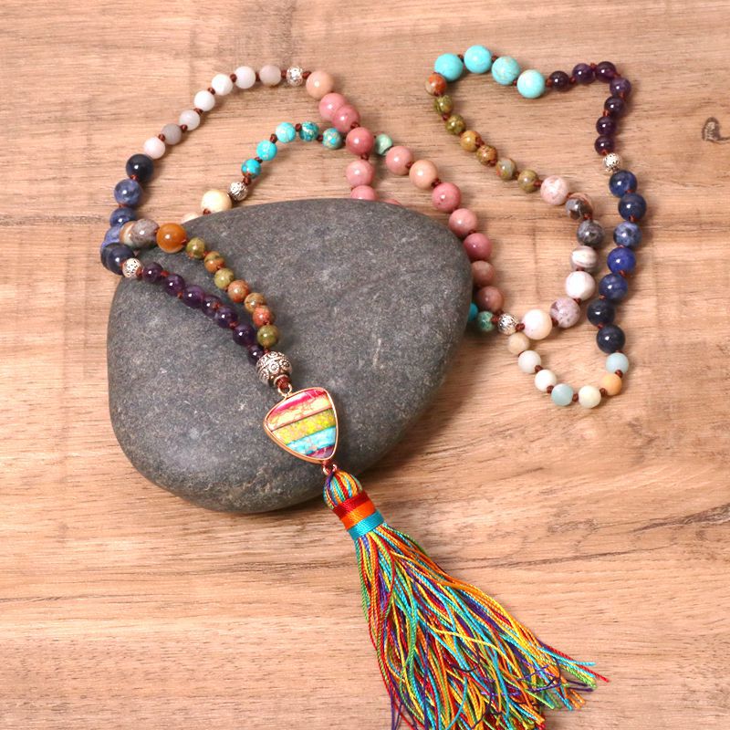 Women's Bohemian Colorful Stone Pendant Tassel Necklace