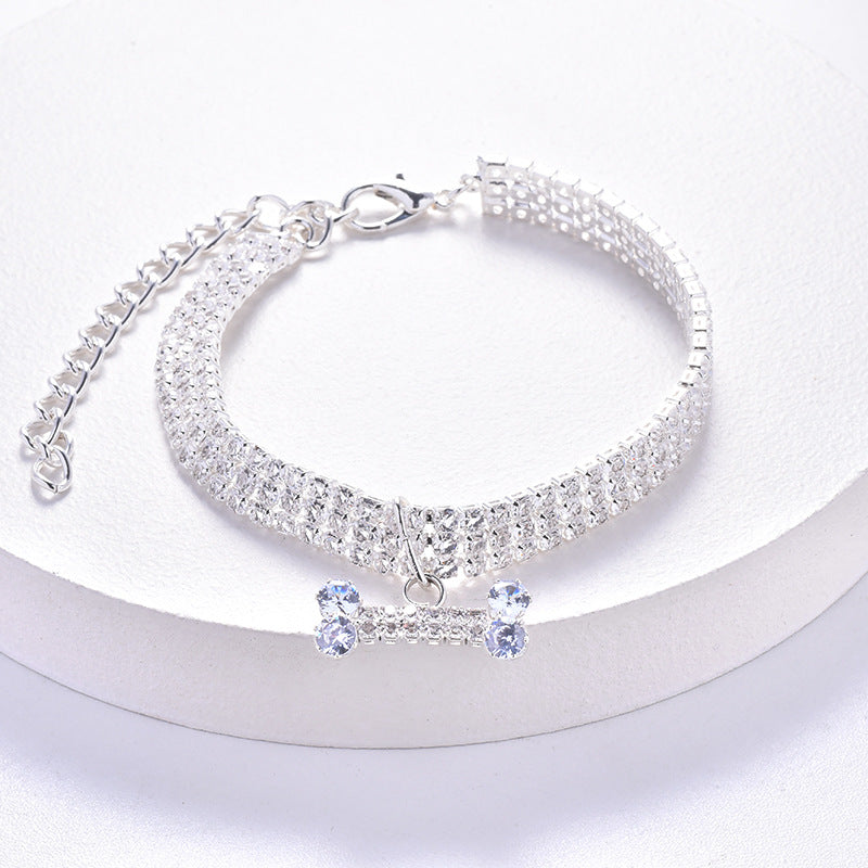 Three Row Rhinestone and Zircon Bone Pendant Pet Collar