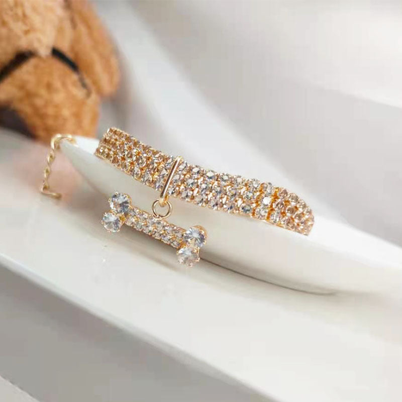 Three Row Rhinestone and Zircon Bone Pendant Pet Collar