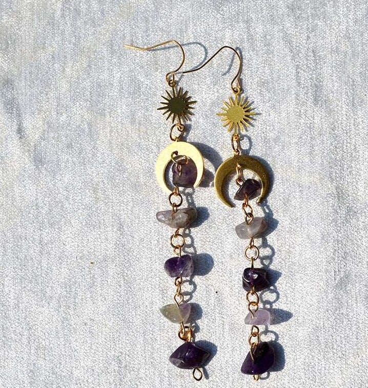 Natural Crystal Earrings Amethyst  Crystal Turquoise Hexagonal Pillar Earrings