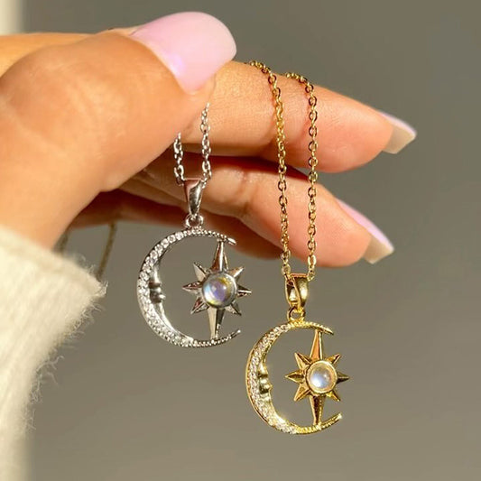 Moon Star Zircon Stainless Steel Pendant Necklace