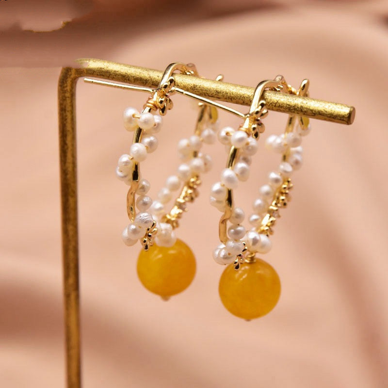 Simple And Versatile Topaz  Natural Pearl Earrings