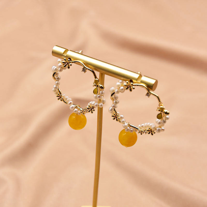 Simple And Versatile Topaz  Natural Pearl Earrings