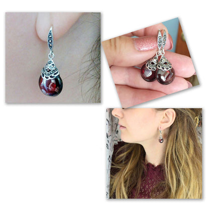 Vintage Deep Red Garnet Earrings in S925 Sterling Silver